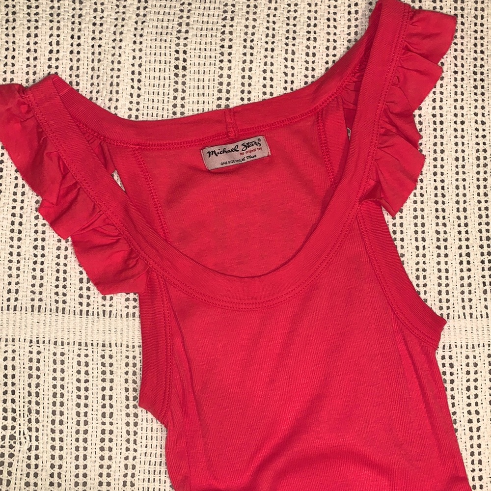 Vintage Michael Stars Ribbed Tank Top Flutter Ruffle Trim Scoop Neck Hot Pink S